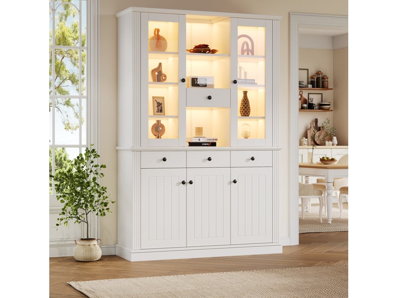  Vitrine 119,5x40x180 cm avec led, 4 tiroirs et 5 portes coloris blanc  - Conforama E