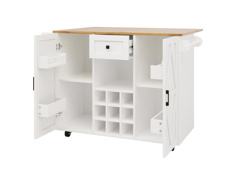 Desserte de cuisine 137,5 x 65 cm blanche en mdf et métal, plateau rabattable, rangement et roulettes - Conforama D