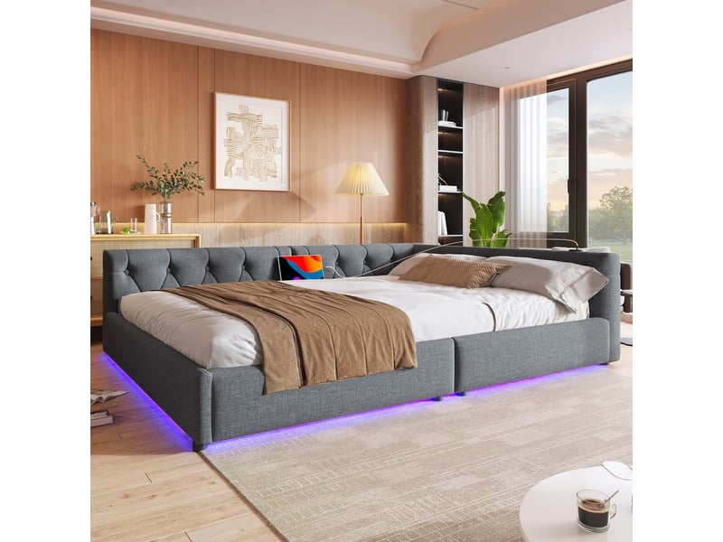  Lit banquette 140x200cm avec sommier éclairage ambiant télécommande tête de lit capitonnée usb type-c lin gris  - Conforama E