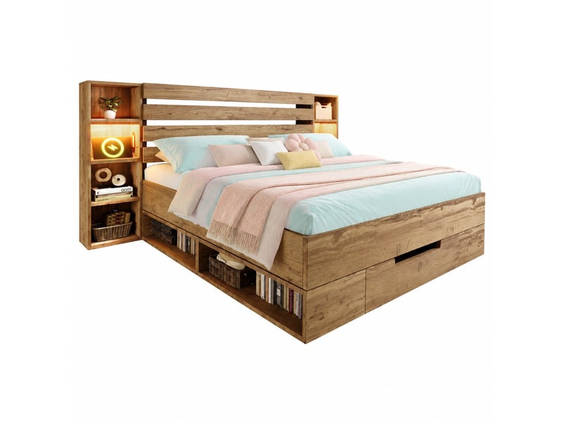  Lit double 180x200 cm avec rangement, led, usb-c, tiroirs et tête de lit chêne  - Conforama A