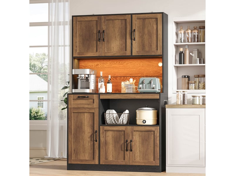  Armoire de rangement haute cuisine avec éclairage led et prises, buffet 6 portes et 1 tiroir, vitrine pour salon et salle à manger, 110 × 40 × 180 cm  - Conforama B