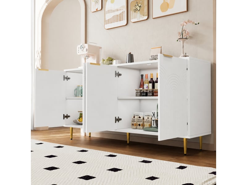 Buffet blanc 4 portes rainurées, poignées dorées brossées, étagères réglables, 160 x 40 x 80 cm - Conforama D