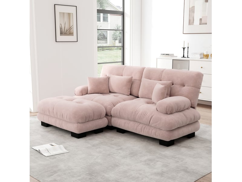  Canapé d'angle modenvie cloud 2 places en chenille rose 220 x 145 cm avec ottoman mobile  - Conforama B
