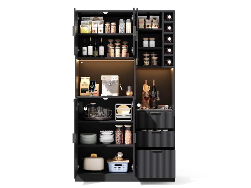  Buffet haut modenvie avec led, prises, 3 tiroirs, range-bouteilles, 105 x 40 x 180 cm, noir  - Conforama A