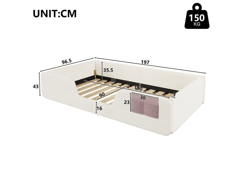  Lit rembourré, 90 x 190 cm, barrières de sécurité amovibles, poche de rangement intégrée en tissu, velours unique, beige  - Conforama C