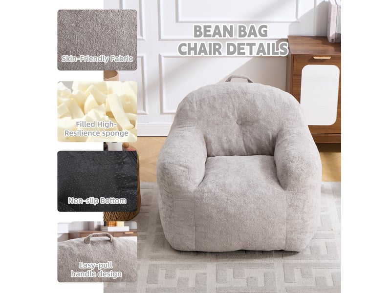  Fauteuil pouf avec accoudoirs et dossier enveloppant, garnissage en mousse déchiquetée, fausse fourrure gris clair  - Conforama E