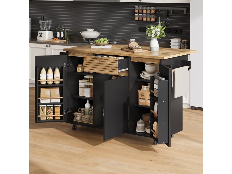  Îlot de cuisine mobile avec plateau rabattable, meuble sur roulettes verrouillables 120 x 70 x 90 cm  - Conforama R