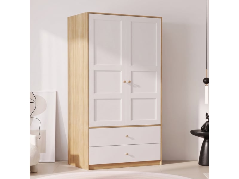  Armoire penderie 2 portes 2 tiroirs en mdf, blanc et effet bois, 100 x 48 x 180 cm  - Conforama E