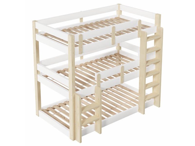  Lit triple superposé 90 × 190 cm, échelles intégrées, barrières, sommiers à lattes, pin et mdf, blanc et naturel  - Conforama A