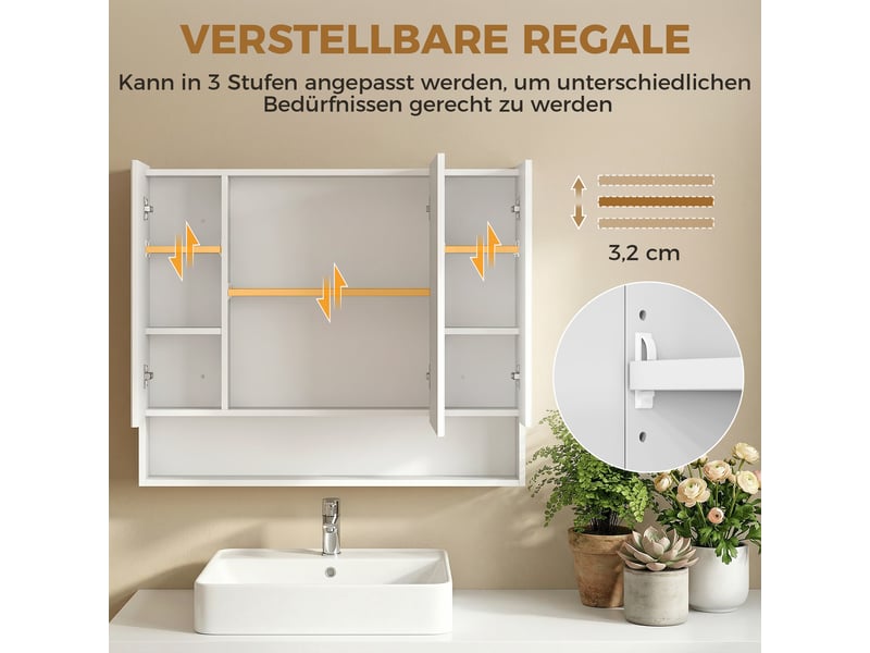  Armoire murale salle de bain avec miroir, armoire de toilette 3 portes miroir, étagères réglables, blanc, 90x15x75cm  - Conforama R