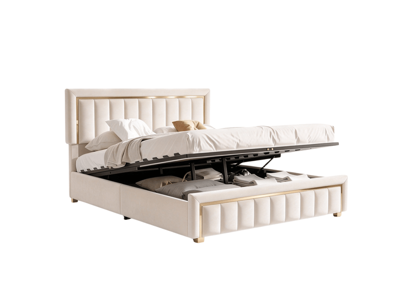 Lit coffre 140x200 cm, lit double rembourré avec rangement, lit coffre hydraulique - sommier à lattes - sans matelas - capacité de charge 300 kg - velours beige - Conforama A