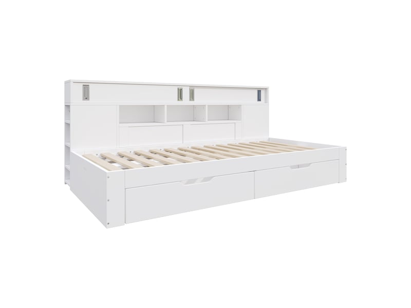  Lit de jour pour enfant, 90 x 200 cm, lit simple, lit enfant multifonctionnel avec tiroirs, étagère et armoire de rangement, coffre de lit avec espace de rangement, sans matelas, blanc  - Conforama D