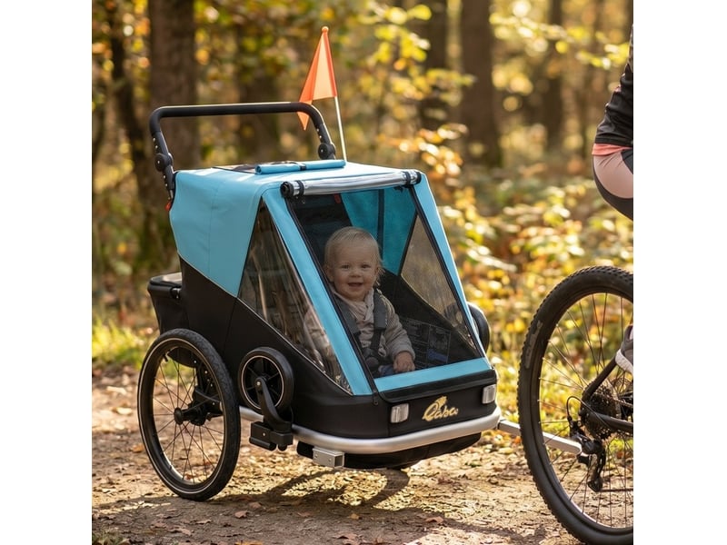 Remorque vélo enfant 2 places 148 x 83 x 102 cm bleue en aluminium, convertible en poussette - Conforama D