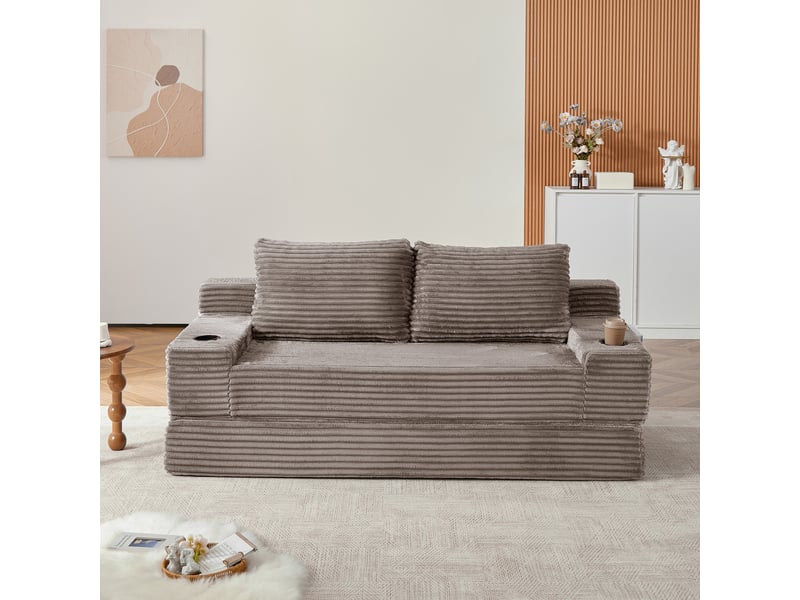  Canapé convertible 2 places avec porte-gobelets, poches latérales et deux coussins en velours côtelé marron  - Conforama E