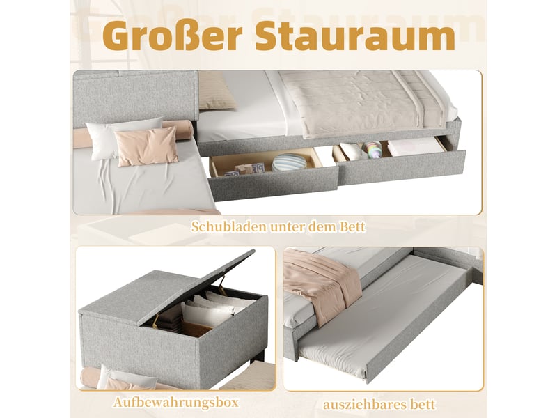  Lit d'angle 90x200 cm en lin gris avec lit gigogne 3 places et tiroirs de rangement  - Conforama D