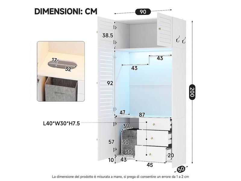 Armoire blanche avec panier à linge et éclairage led 90x50x200 cm - Conforama E