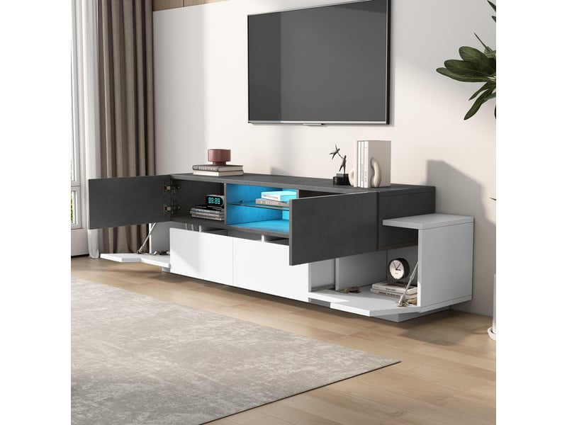  Meuble tv avec 2 tiroirs, 4 placards et led pour salon 180×40×45 cm en panneaux de particules blanc et gris  - Conforama C