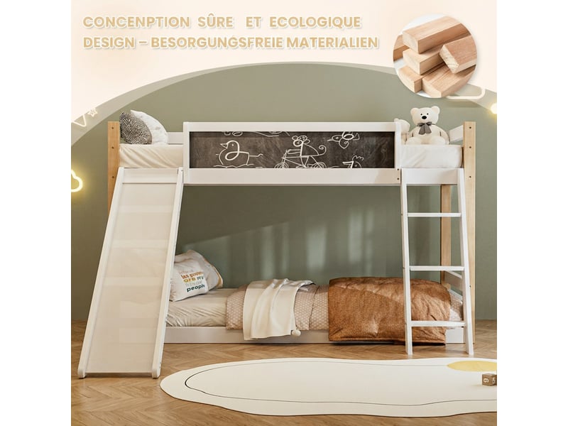 Lit superposé enfant, en velours, escalier, échelle, toboggan, blanc W2845S00155 - Conforama R