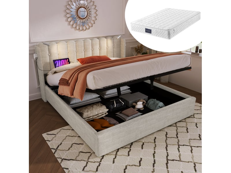  Modenvie lit coffre 140x200 cm - tête de lit avec liseuse usb et rangement, avec matelas - beige  - Conforama B