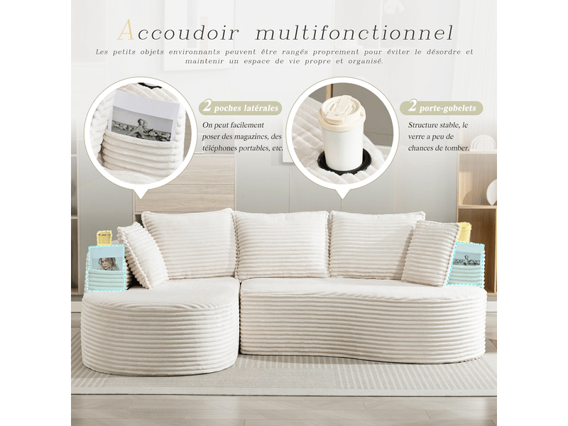 Canapé incurvé en velours côtelé avec porte-gobelets 250x152x82 cm - coussins et poches latérales - Conforama W