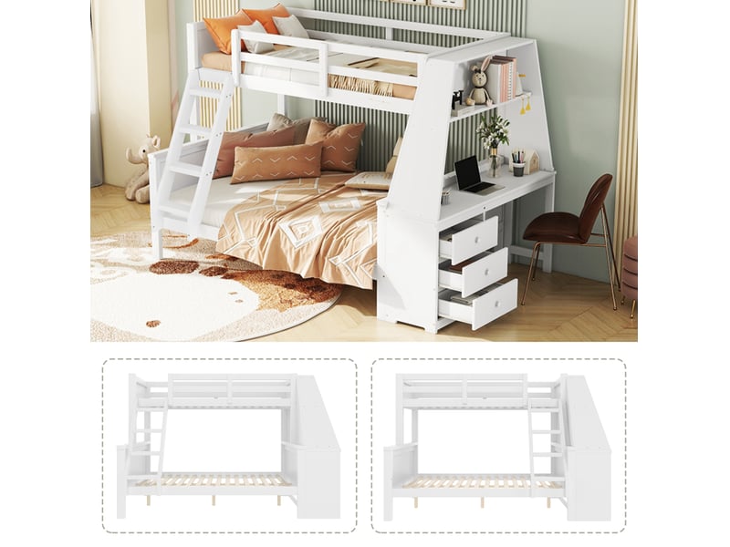  Lit superposé enfant 90x200 + 140x200 cm avec bureau et rangements, blanc  - Conforama D