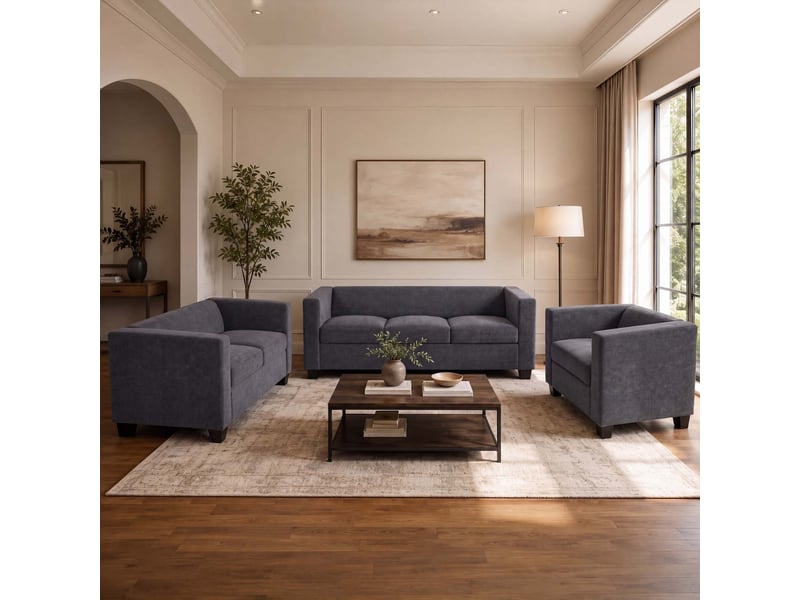  3-2-1 ensemble de canapés lille, ensemble de canapés, canapé lounge, suspension nosag, tissutextile chenille (260 gm²) - gris foncé  - Conforama B