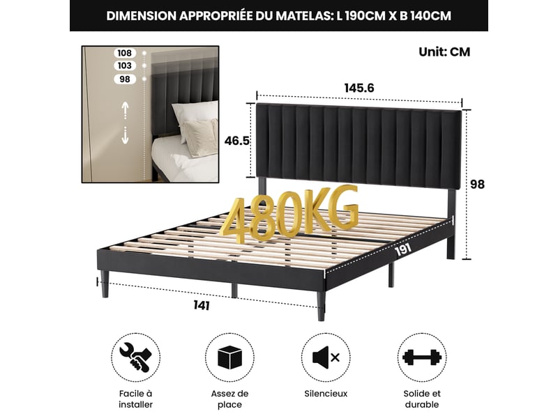  Lit 140 x 190 avec sommier,cadre de lit en métal robuste et durable, lattes en bois,lin noir  - Conforama E