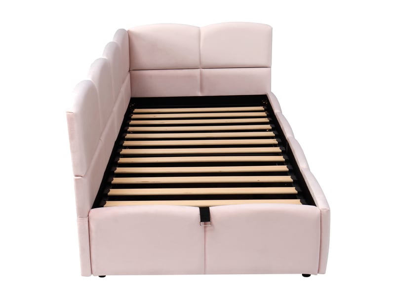  Lit rembourré, lit enfant, lit simple, lit coffre, canapé-lit 90x200 cm, avec sommier à lattes, chargeur usb, sac de rangement, lit junior et lit adulte-enfant, velours, rose (sans matelas)  - Conforama E