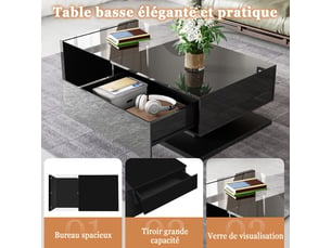 Table basse salon moderne brillante avec rangement - led - noir - 1 tiroir - meuble salon table d'appoint - 105x55x32.5cm