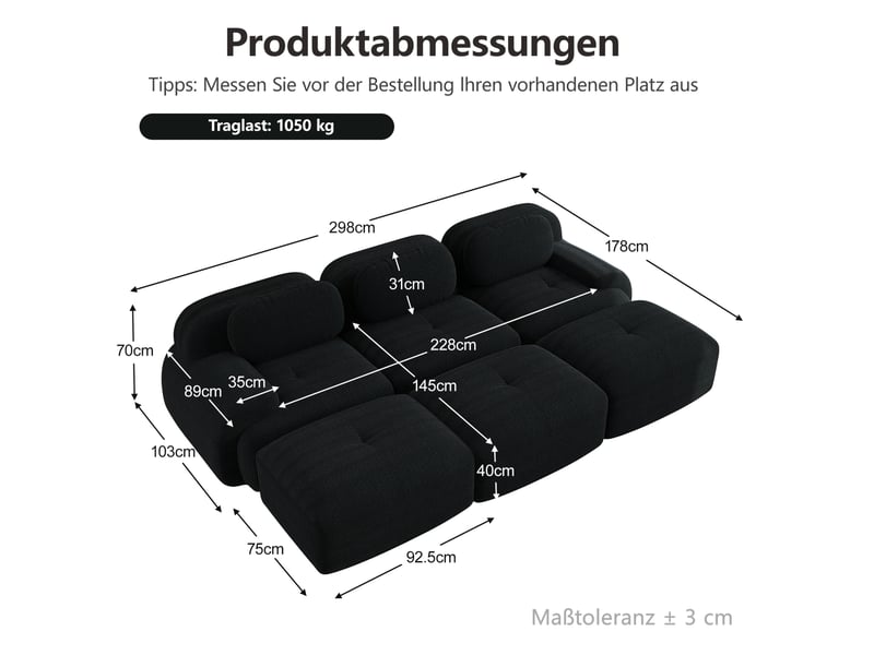 Canapé modulable 3 places noir en velours côtelé avec 3 poufs, sans montage, pour salon et home cinéma - Conforama C