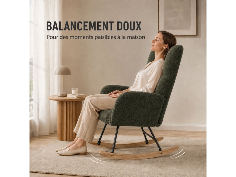 Fauteuil à bascule teddy vert, fauteuil rocking-chair ergonomique avec dossier haut et accoudoirs rembourrés, base en bois massif, chaise de relaxation pour salon, chambre et chambre bébé  - Conforama D
