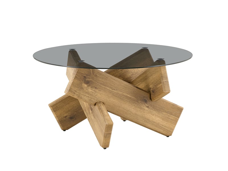  Table basse ronde avec plateau en verre trempé et base géométrique en mdf coloris bois  - Conforama A