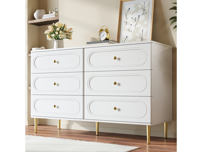  Commode à 6 tiroirs avec pieds en métal pour salon et chambre en mdf 120×40×75 cm blanche  - Conforama C