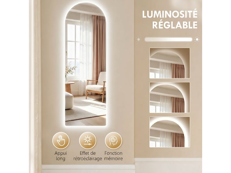  Grand miroir mural 120 x 40 cm avec éclairage led miroir arqué, intensité variable et 3 couleurs d'éclairage transparent  - Conforama R