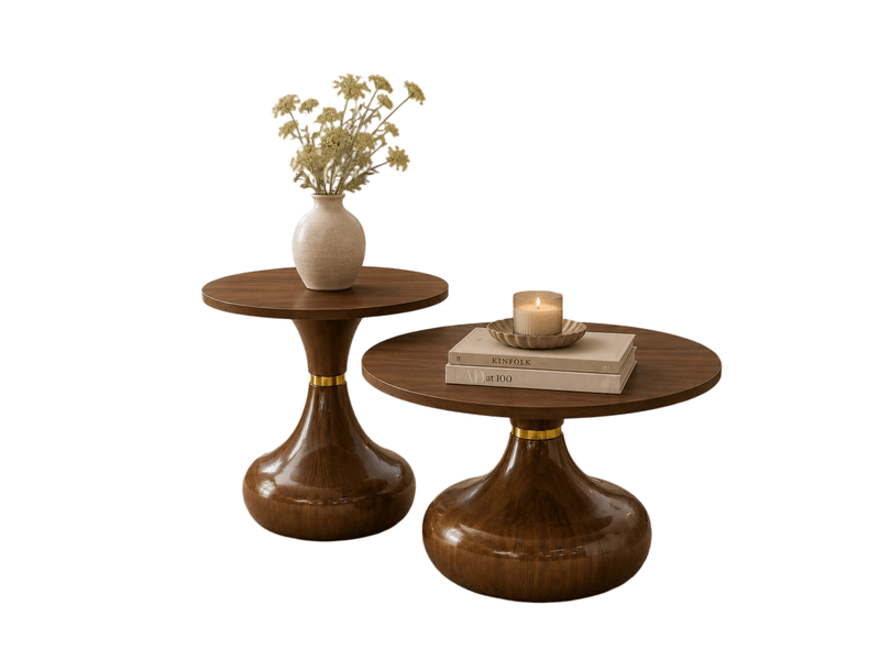 Tables basses rondes en lot de 2 avec plateaux mélaminés, socles courbes et détail doré, en mdf et métal noyer - Conforama A