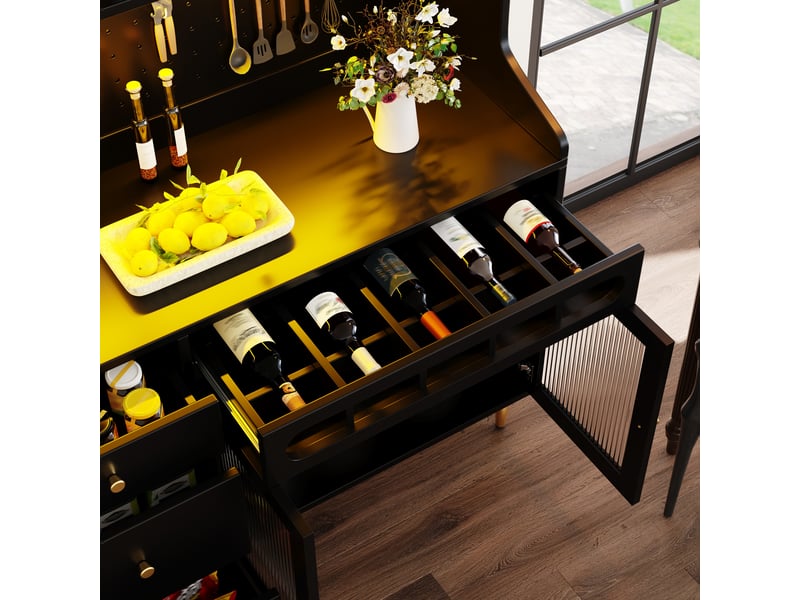  Armoires hautes 145×39×171 cm pour le salon, led, buffet cuisine avec étagères réglables, tiroir avec casier à bouteilles, noir  - Conforama D