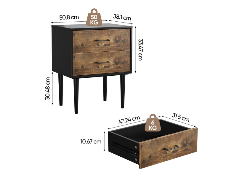  Table de chevet d'appoint 50,8x38,1x63,9 cm, 2 tiroirs, design rétro, chambre, rangement pratique, mdf, marron antique  - Conforama C