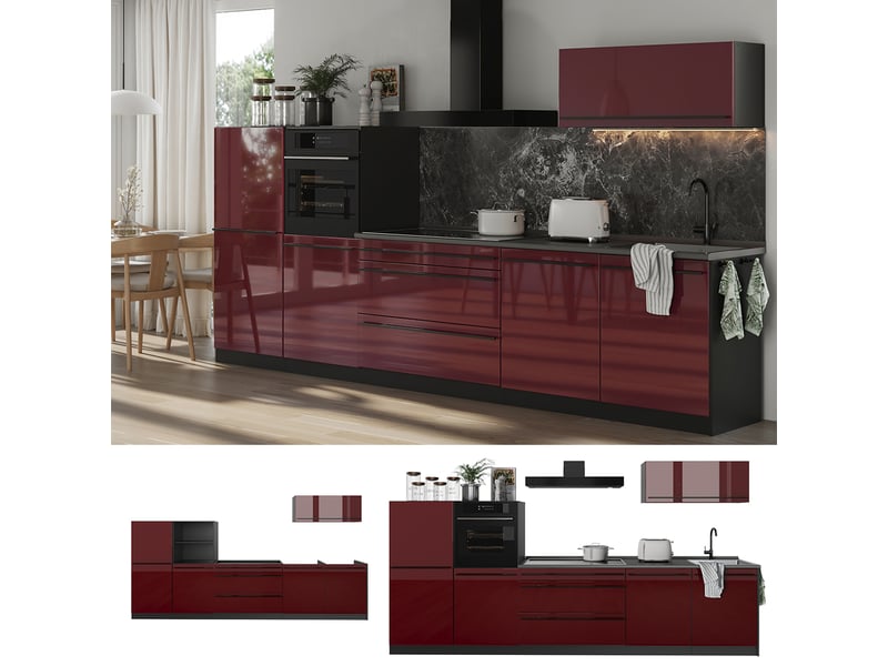  Vicco cuisine, rouge brillantanthracite, 340cm plan de travail chêne doré  - Conforama D
