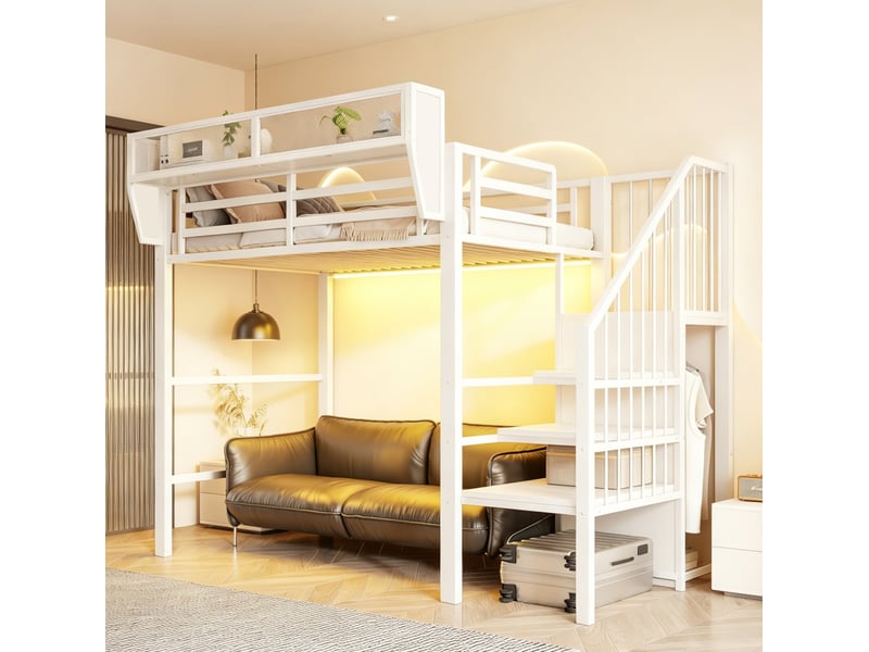  Lit mezzanine avec led, escalier sécurisé et rangements modulables pour chambre en métal et mdf blanc 90 × 200 cm  - Conforama D