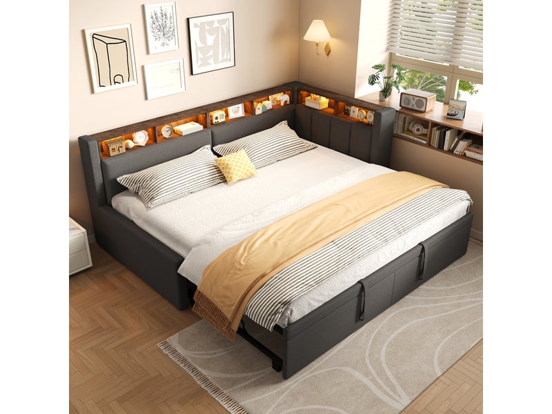 Canapé-lit 90 x 200 cm 180 x 200 cm – avec lit gigogne – avec éclairage led – revêtement en lin – gris (matelas non inclus) - Conforama D