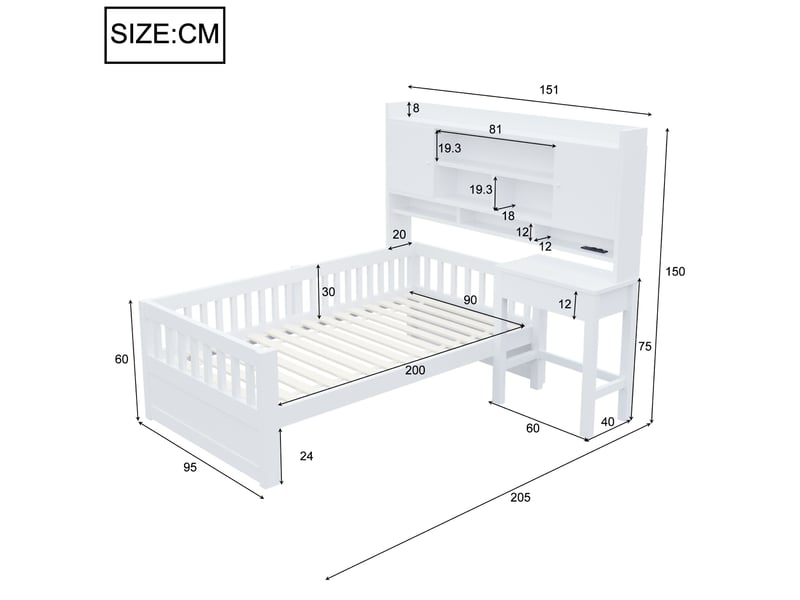  Lit simple en bois, 90 × 200 cm, avec rangement intégré, bureau et tiroirs, éclairage led et prise électrique, barrière de sécurité, blanc  - Conforama C