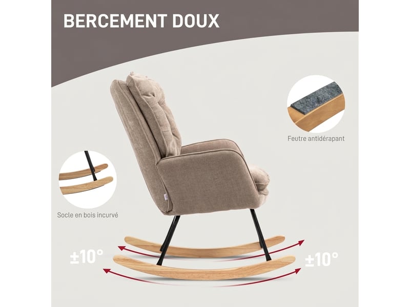  Fauteuil à bascule marron en tissu aspect chenille, fauteuil d'allaitement confortable avec accoudoirs, charge 120 kg, 71x98,5x97 cm  - Conforama R