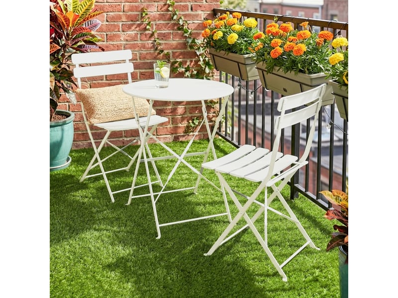  Ensemble bistrot de jardin 3 pièces table et 2 chaises pliantes à lattes double protection antirouille crème  - Conforama D