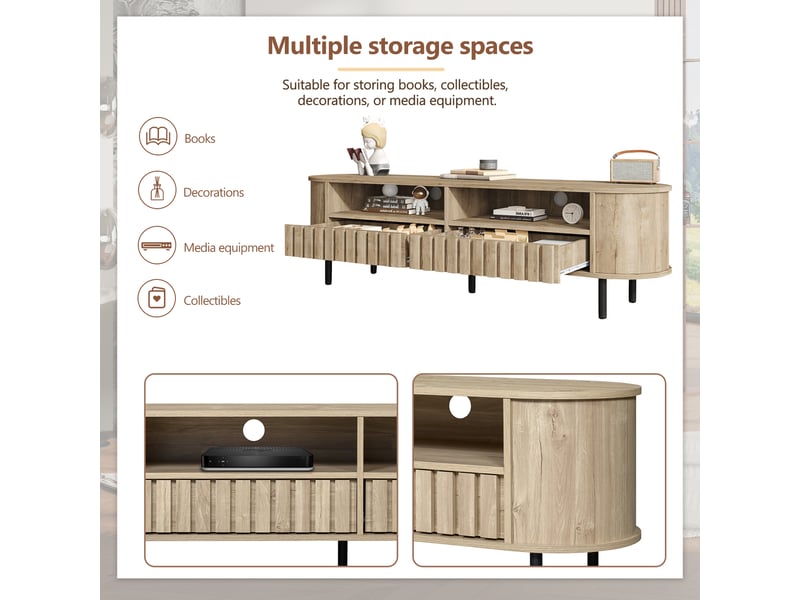  Meuble tv 160 x 40 x 48 cm – 2 placards et 2 tiroirs – mdf – 5 pieds – jusqu’à 65 pouces – bois naturel  - Conforama B