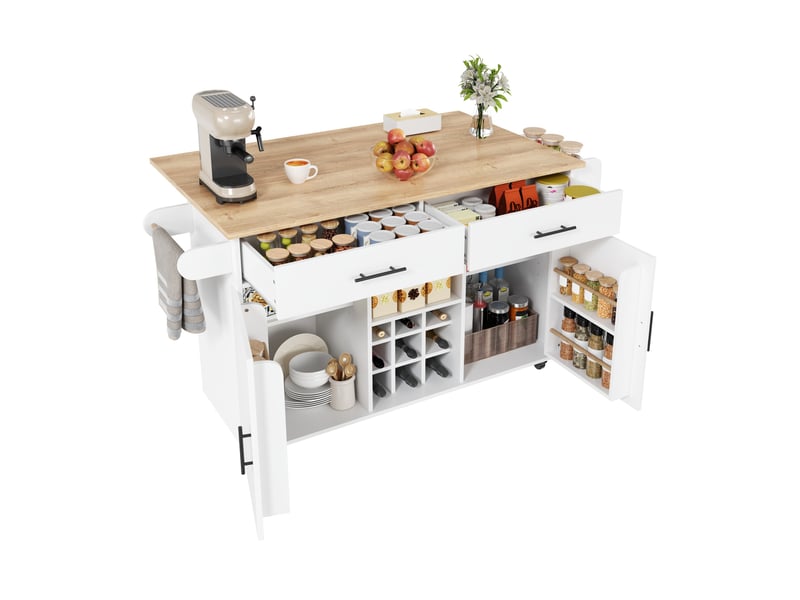  Îlot de cuisine mobile 120 x 45 x 84 cm avec plateau rabattable, blanc et bois  - Conforama A