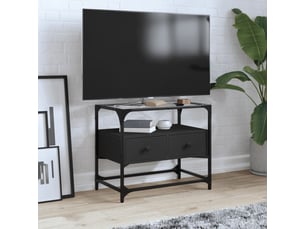 Meuble tv - banc tv - meuble de rangement et dessus en verre noir 60x35x51 cm bois d'ingénierie