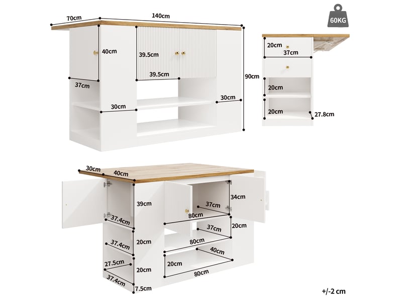  Îlot de cuisine 140x70x90 cm pliable mdf métal blanc  - Conforama C