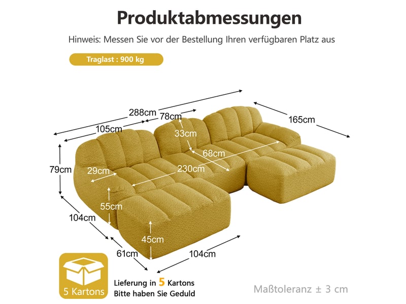 Canapé d'angle modulaire 3 places jaune en tissu bouclette avec 2 ottomans, pour salon convivial au quotidien - Conforama C