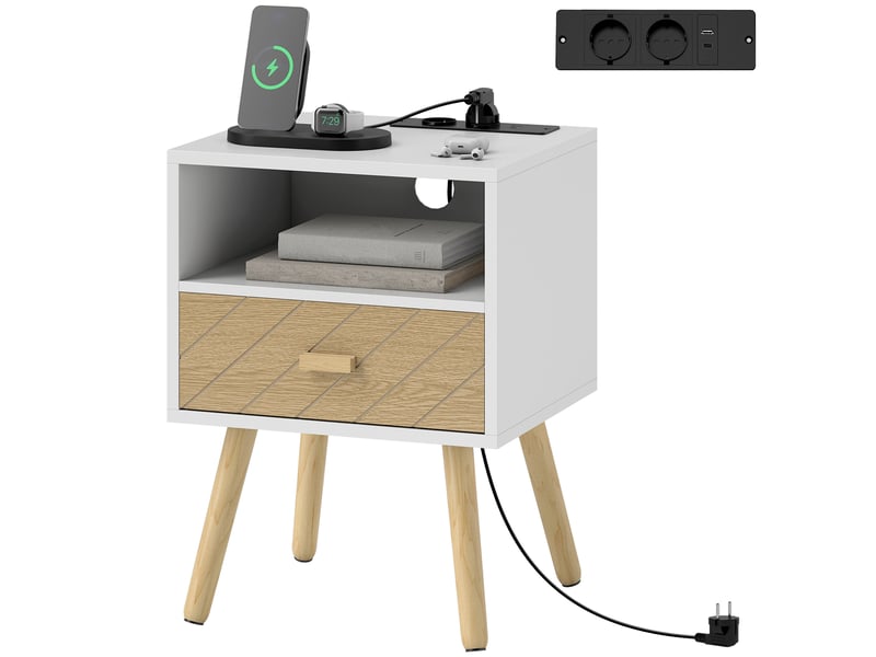  Table de chevet avec station de charge, tiroir, 2 prises secteur, port usb type-c, compartiment ouvert, pieds en bois, blanche  - Conforama B