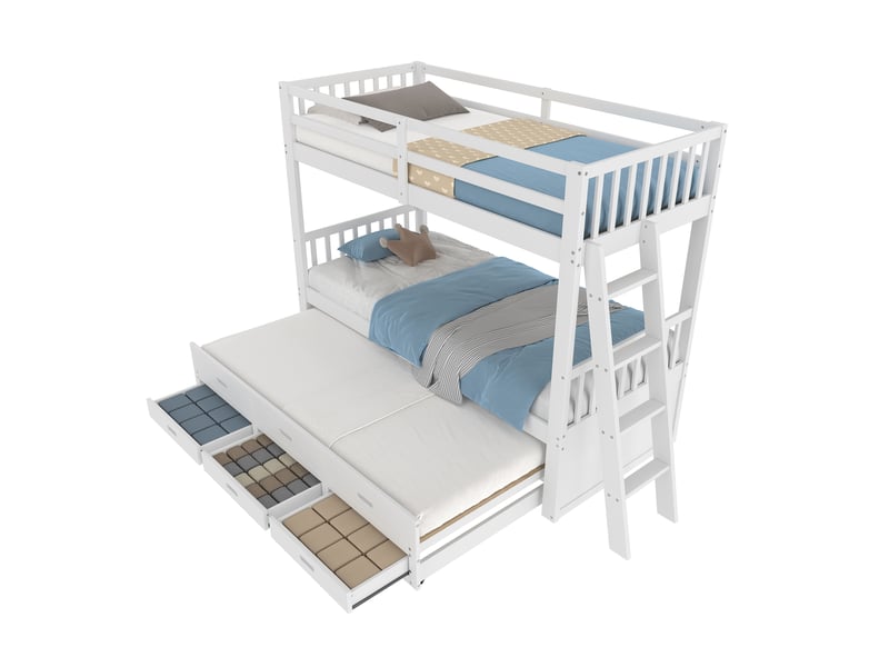 Lit superposé enfant 90x200 lit cabane blanc avec lit gigogne et 3 tiroirs, cadre en bois de pin massif, sécurité optimale. - Conforama A